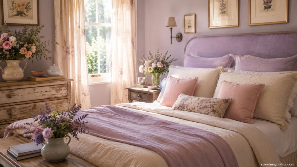 A dreamy English cottage bedroom with soft lavender walls blush pink cushions ivory linen bedding fresh garden flowers and sheer curtains in morning light