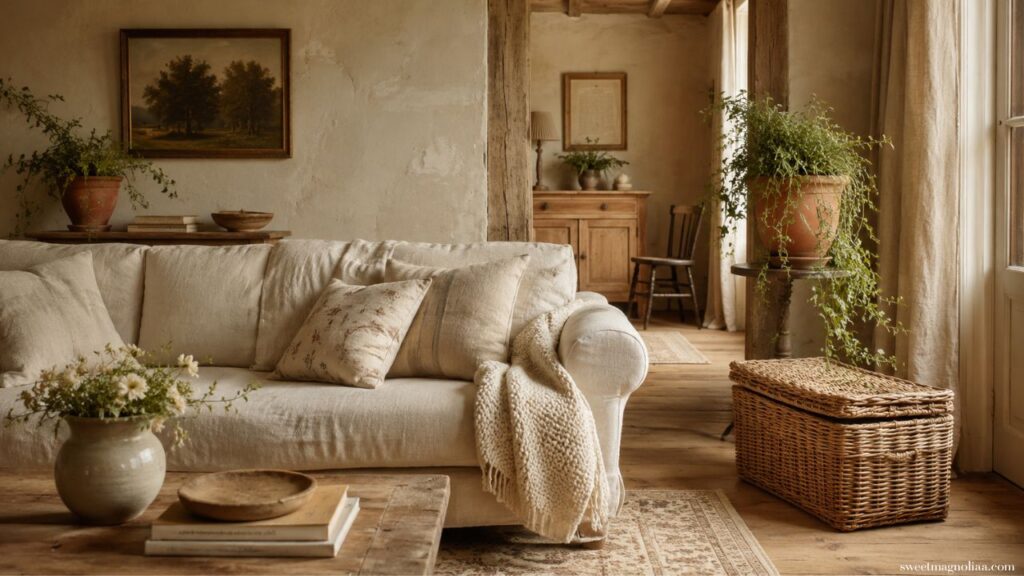 A calm English cottage living room with warm stone plaster walls cream linen sofa wicker trunk terracotta pots and trailing plants in soft natural light