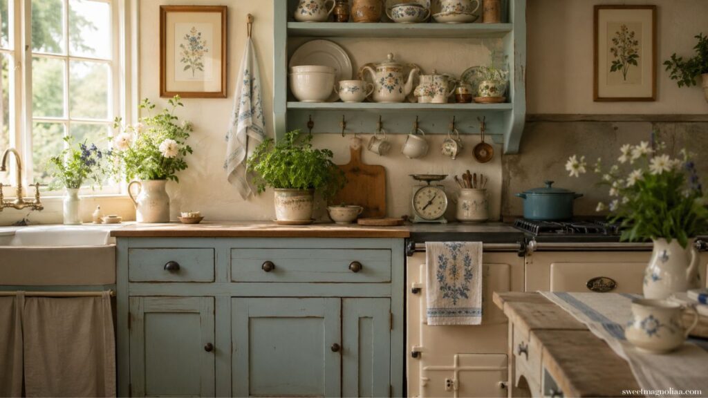 A charming English cottage kitchen with duck egg blue cabinets cream Aga vintage ceramics on open shelving fresh herbs and white flowers in warm morning light