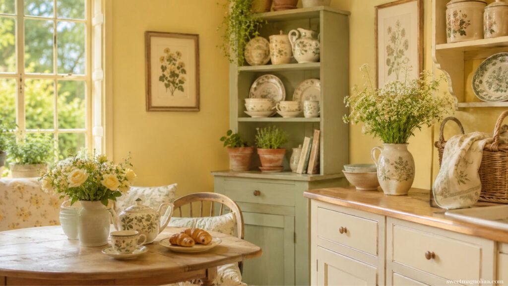 A sunny English cottage kitchen with soft yellow walls sage green dresser cream crockery croissants on a wooden table and fresh yellow roses in bright morning light