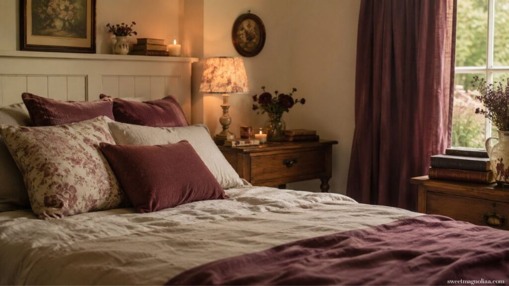 A moody romantic English cottage bedroom with dusty plum linen curtains and cushions warm cream walls aged wood furniture candlelight and dried flowers