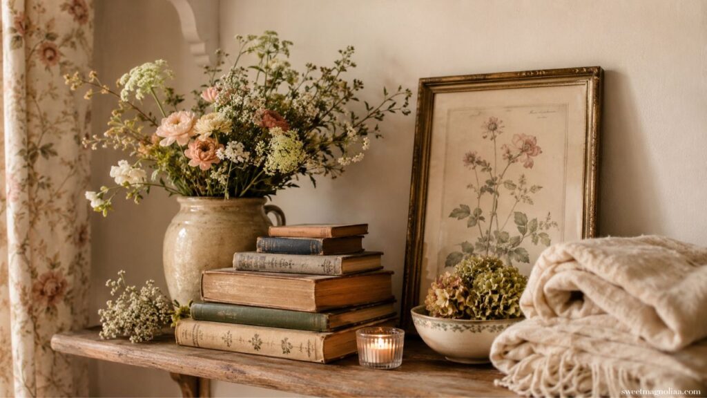 A beautifully styled English cottage shelf with a ceramic jug of wild flowers vintage books gold framed botanical print dried hydrangeas and a linen throw in warm light