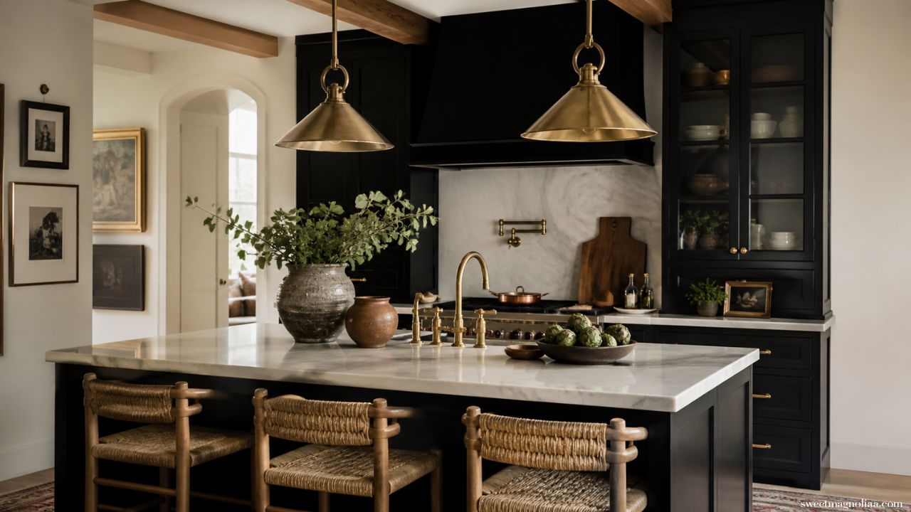 Kitchen Island Ideas with black cabinetry, marble countertop, brass pendants, and woven stools creating a warm modern classic kitchen with contrast and texture.