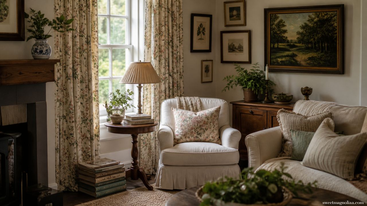 Soft neutral cottage style small living room with armchairs, floral curtains, natural light and vintage decor, perfect for cozy elegant country interiors.