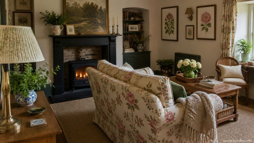 Cozy small cottage style living room with floral sofa, fireplace, wooden coffee table and soft lighting, creating a warm rustic English country decor vibe.