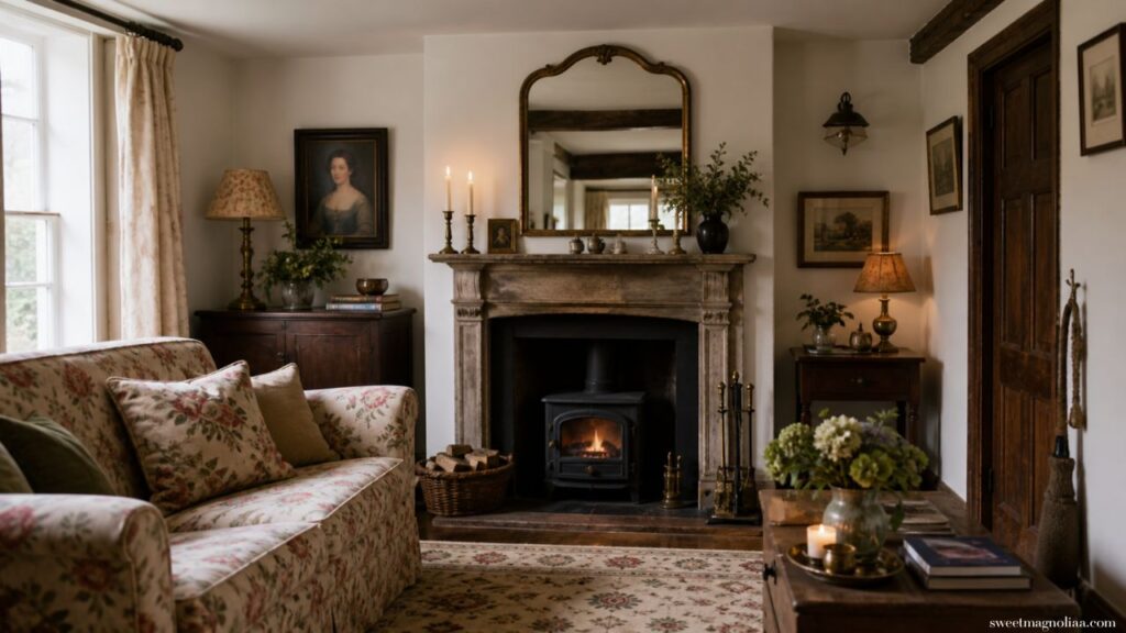 Small Living Room Ideas: Small cottage living room with fireplace, floral sofa, rustic wood furniture and warm lighting, showcasing timeless cozy farmhouse interior design ideas.