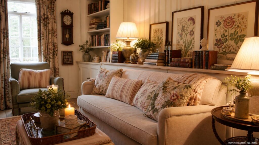 Small Living Room Ideas: Cozy small cottage living room with floral sofa, bookshelves, warm lighting and layered cushions, ideal for relaxed vintage country home decor inspiration.