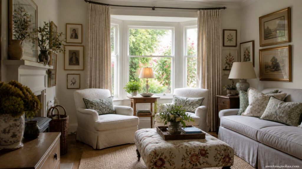 Small Living Room Ideas: Bright small cottage living room with bay window, armchairs, soft textiles and natural light, creating an airy yet cozy farmhouse style seating area.