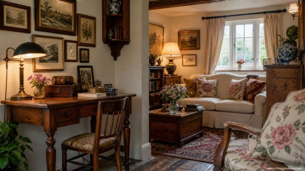 Small Living Room Ideas: Compact cottage style living room with wooden desk nook, floral sofa, warm lighting and vintage decor accents, perfect small space cozy home styling.