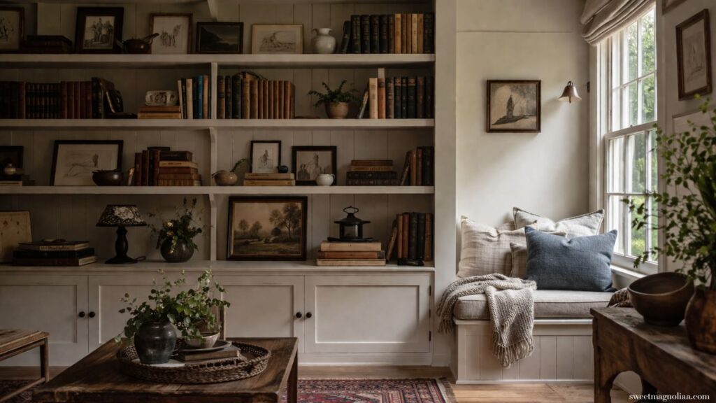 Small Living Room Ideas: Small cottage living room with built-in shelves, window seat, neutral tones and layered textures, offering cozy farmhouse style storage and decor inspiration.