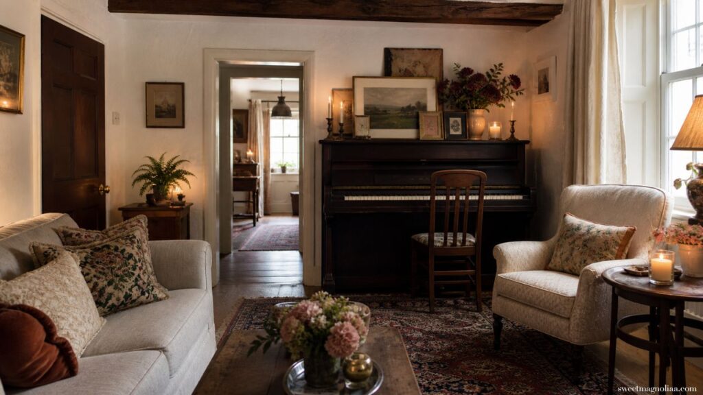 Small cottage living room with upright piano, soft armchairs, wooden beams and warm candlelight, showcasing cozy traditional English cottage interior design.