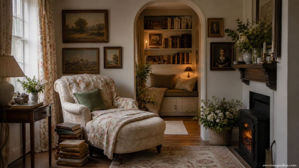 Small Living Room Ideas: Cottage style small living room reading nook with chaise lounge, built-in bookshelf, fireplace and warm lighting, ideal for cozy country home decor ideas.