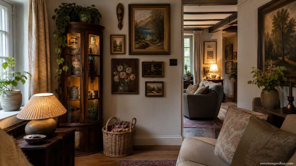 Small Living Room Ideas: Charming small cottage living room with gallery wall art, vintage cabinet, soft lighting and layered textiles, perfect cozy farmhouse style interior inspiration.