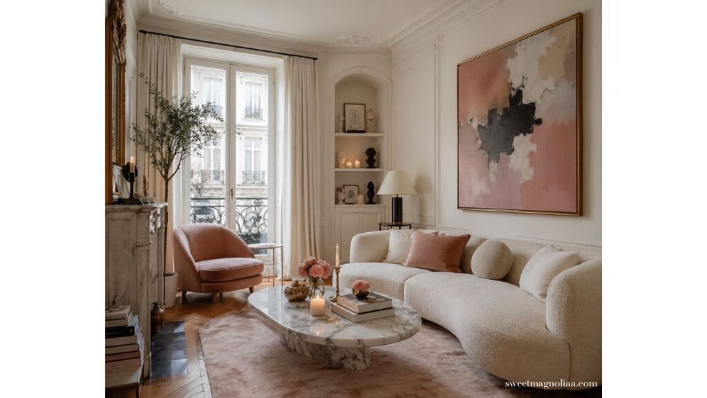 Small living room ideas with a curved sofa, blush accents, marble coffee table, and soft neutral palette creating a bright, elegant, space-saving layout