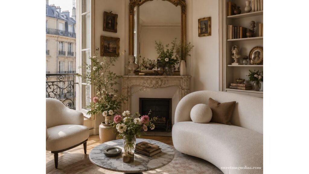 Small living room ideas with a curved sofa, marble coffee table, vintage fireplace, and soft neutral tones creating a bright, elegant, space-saving layout