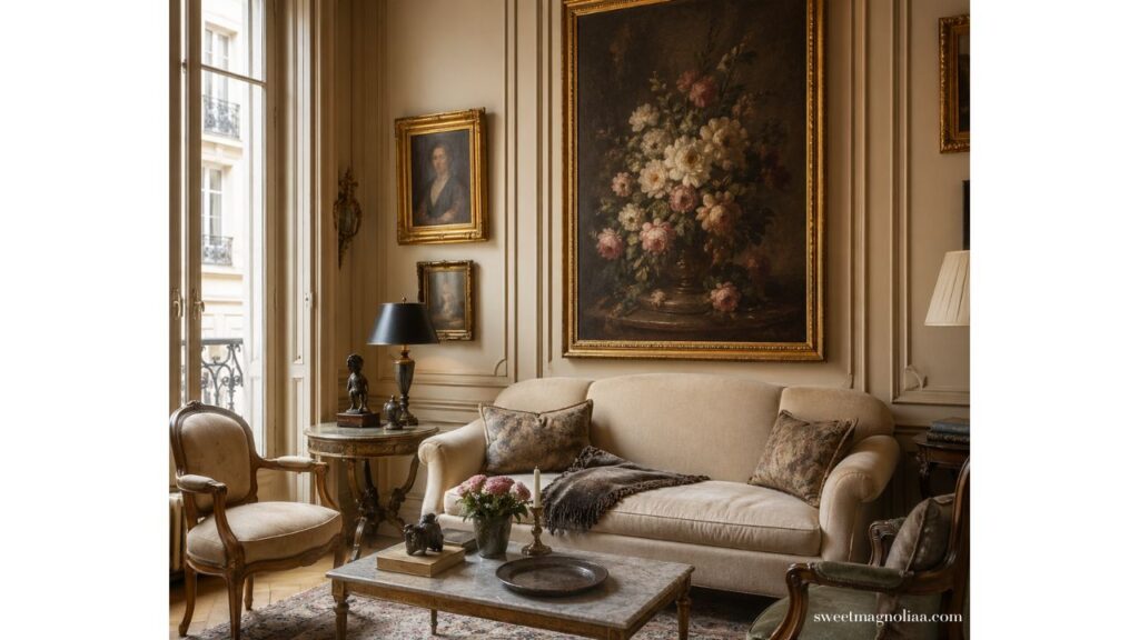 Small living room ideas with a classic neutral sofa, vintage artwork, and warm tones creating an elegant, cozy, and space-saving layout