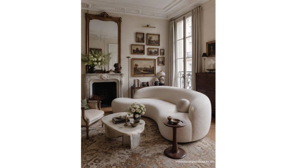 Small living room ideas shown through a cozy space with a curved boucle sofa, neutral tones, vintage fireplace, and layered wall art