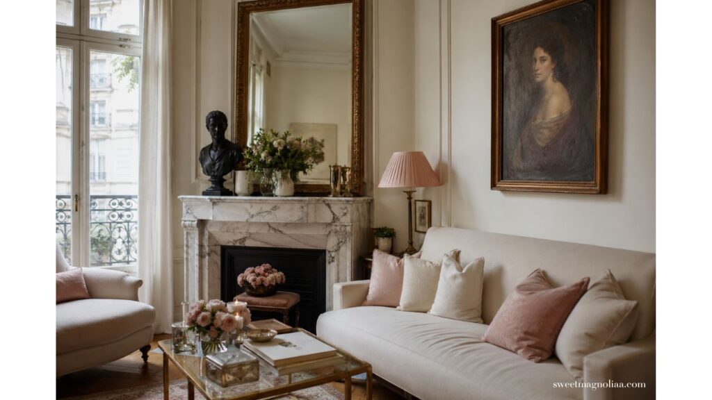 Small living room ideas with a neutral sofa, marble fireplace, gold mirror, and soft blush accents creating a warm, elegant, space-saving layout