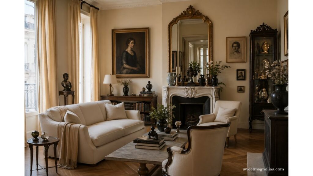 Elegant small living room with neutral sofa, vintage fireplace, gold mirror, layered decor, and warm tones creating a cozy, timeless European-inspired space