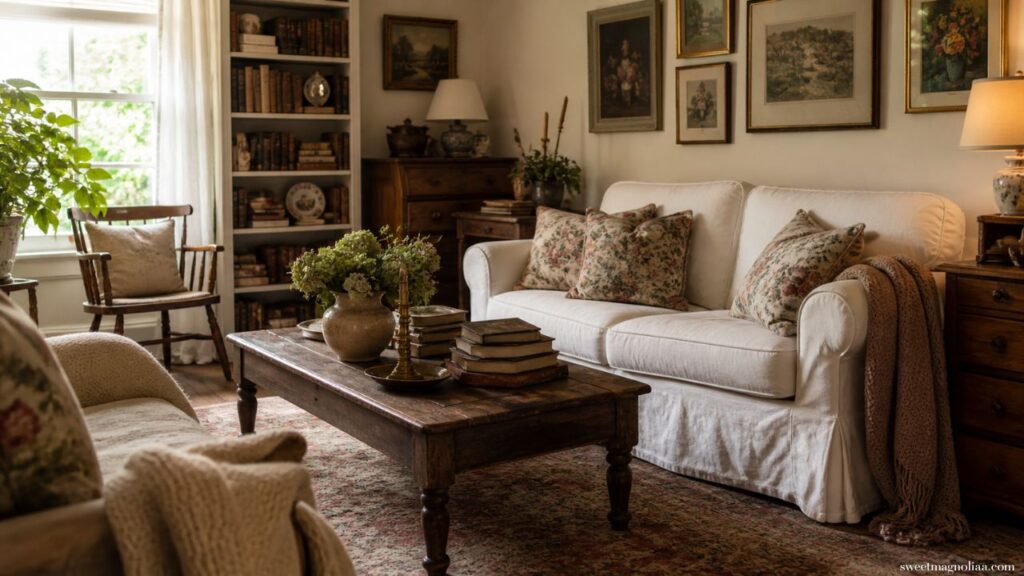 Cozy small living room with vintage decor, featuring a white slipcovered sofa, wooden coffee table, bookshelves, and layered textiles in a warm cottage style.