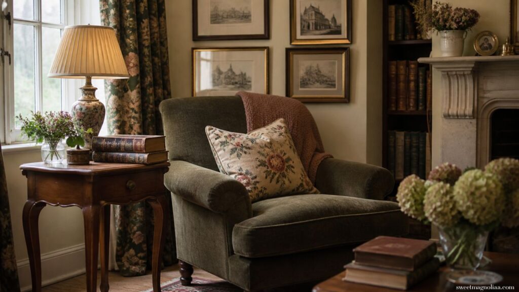 Small living room ideas: Cozy reading corner in a small living room with upholstered armchair, side table, books, warm lighting, and vintage decor for a relaxed cottage feel.