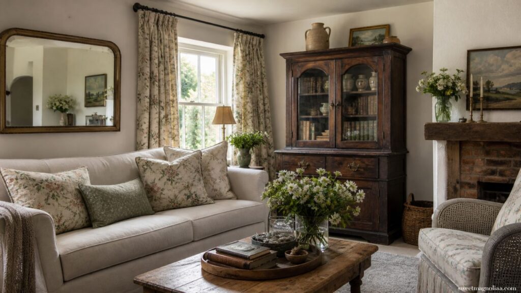 Small living room ideas: Bright small living room with neutral sofa, wooden cabinet, floral curtains, and vintage accents, creating an airy cottage style space with cozy touches.