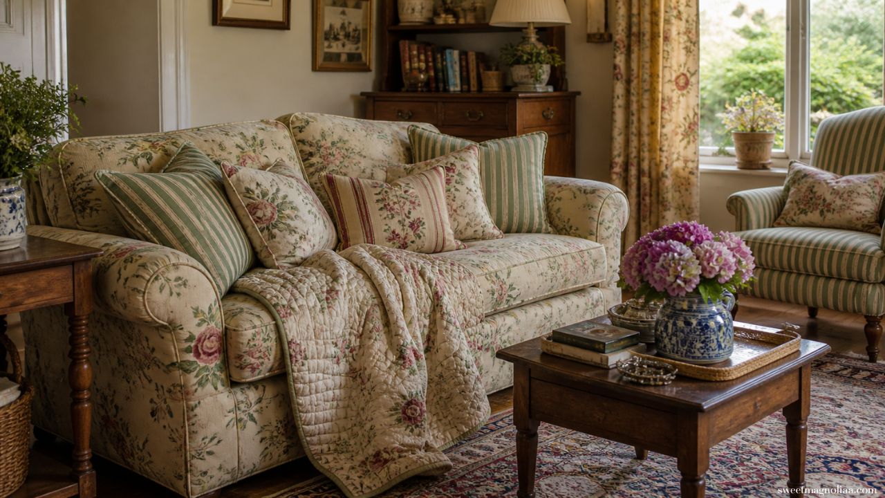 Small cottage living room with floral sofa, layered cushions, wooden coffee table, and soft textiles, showcasing cozy vintage decor and charming English style.