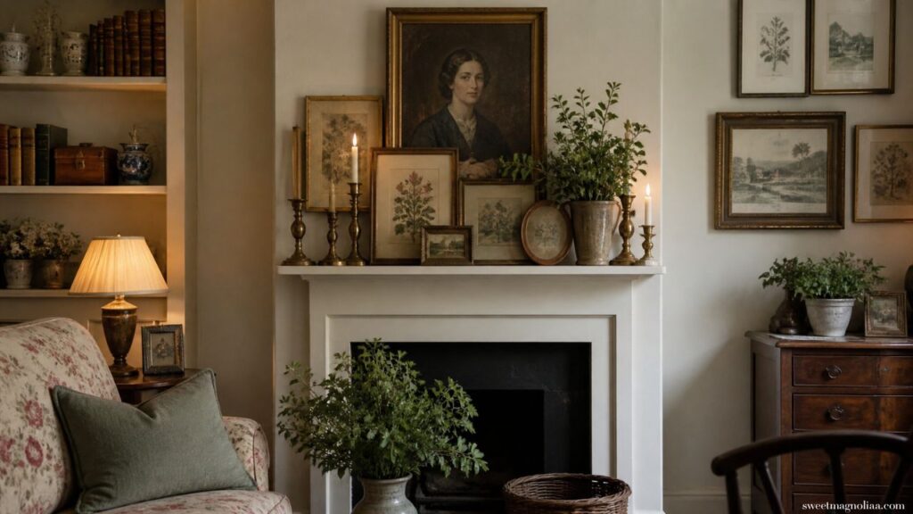 Small living room ideas: Vintage-inspired small living room with fireplace mantel, framed art gallery wall, candles, greenery, and classic cottage style decor for a warm atmosphere.