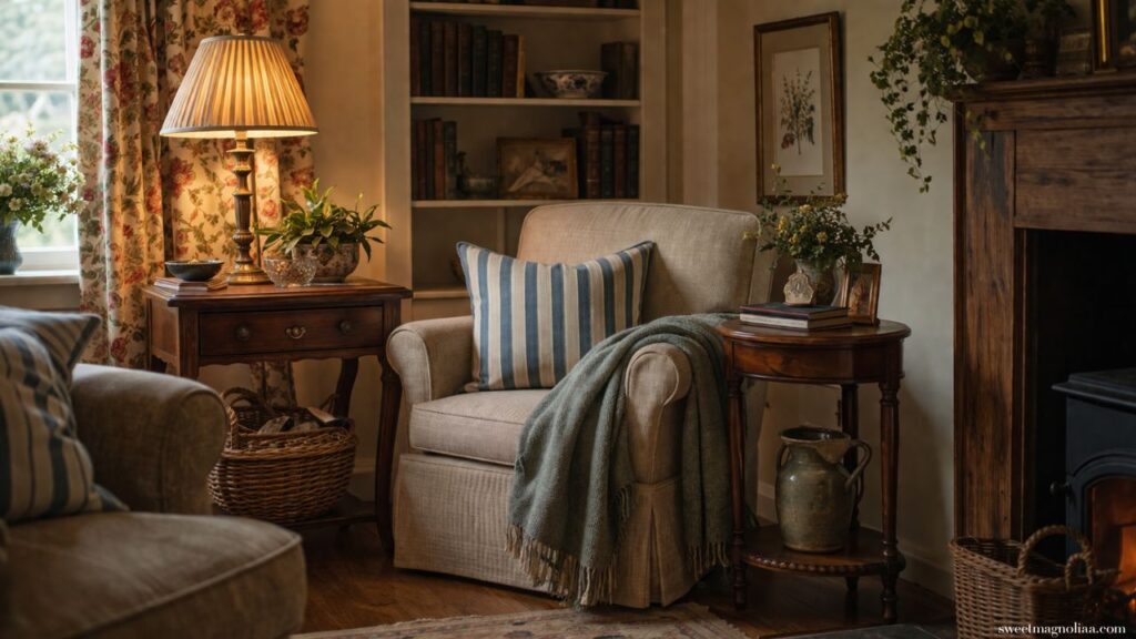 Small living room reading nook with armchair, striped cushion, side table, warm lamp lighting, and vintage decor creating a cozy cottage style corner.