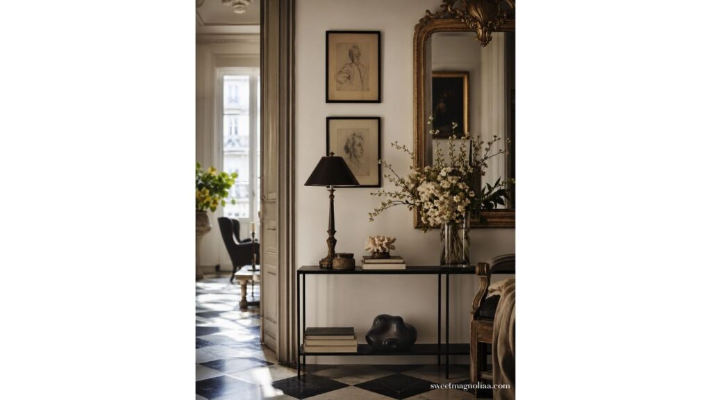 Wall decor ideas: entry with an ornate mirror and a few framed pieces