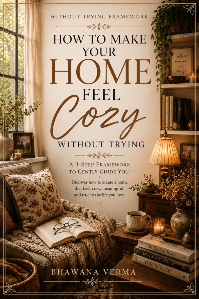 How to Make Your Home Feel Cozy Without Trying book cover by Bhawana Verma, showing a warm cozy reading nook with a knit throw, soft cushions, candlelight, books, and a glowing lamp.