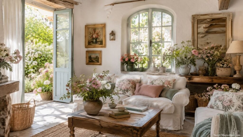 Sunlit French country living room with a white slipcovered sofa, floral cushions, fresh flowers in stoneware vases, a rustic wood table, and open garden doors.