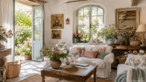 Sunlit French country living room with a white slipcovered sofa, floral cushions, fresh flowers in stoneware vases, a rustic wood table, and open garden doors.