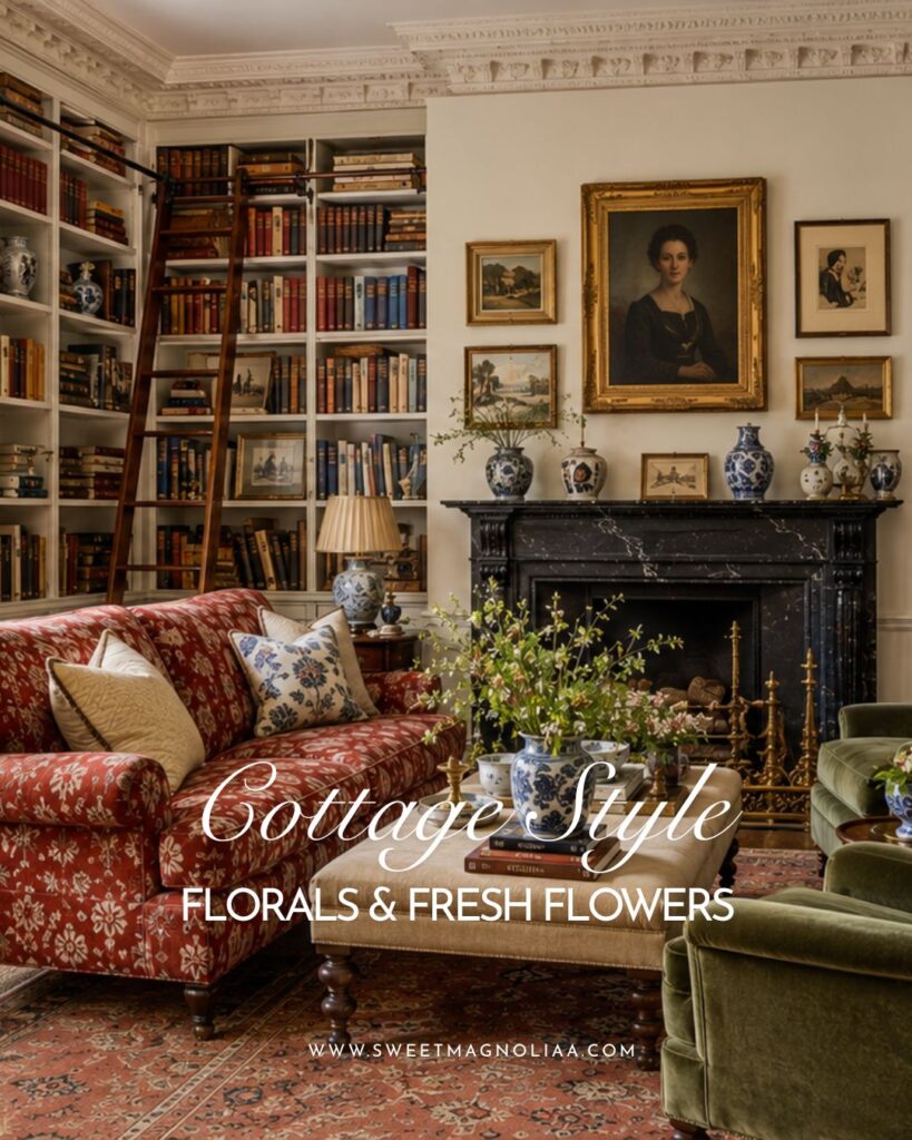 English cottage style living room with floral sofa, fresh flowers, blue-and-white ceramics, built-in bookshelves, vintage artwork, and a black marble fireplace.