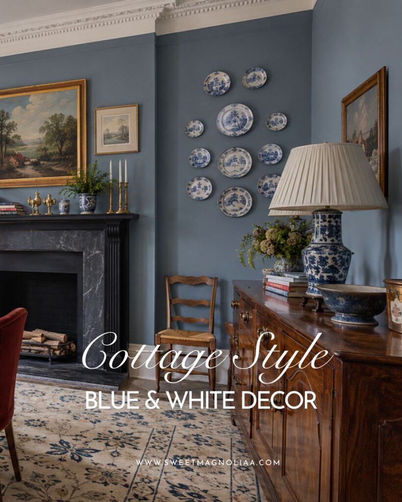 English cottage living room with blue walls, blue-and-white ceramic decor, antique wood sideboard, decorative plate wall, marble fireplace, and vintage artwork.