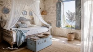 Coastal cottage bedroom with rustic wood furniture, white linens, soft blue accents, stone walls, olive tree, and Mediterranean-inspired decor.