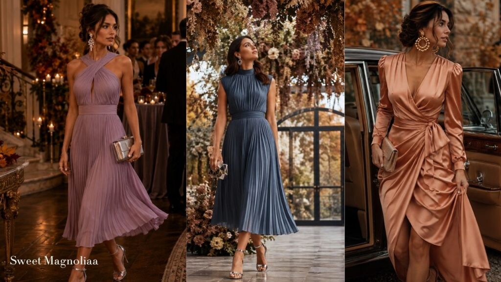 Fall wedding guest dresses for every dress code featuring semi-formal, cocktail, and formal outfit ideas in elegant autumn-inspired styles.