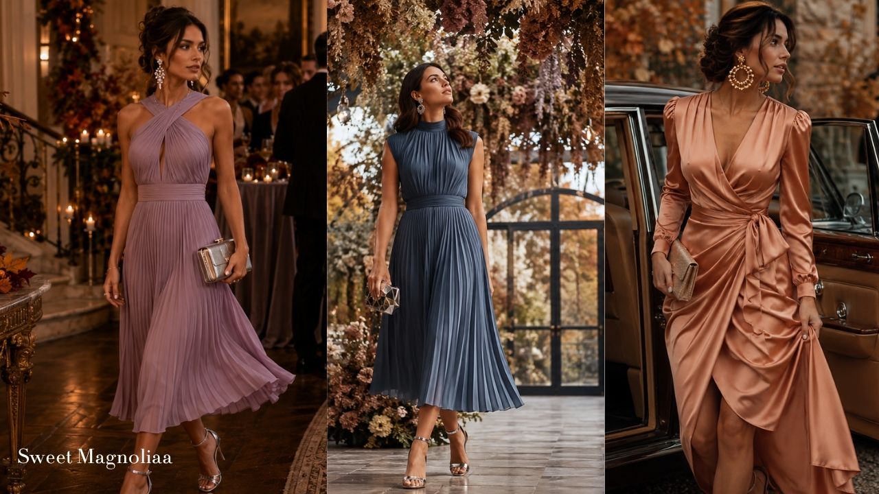 Fall wedding guest dresses for every dress code featuring semi-formal, cocktail, and formal outfit ideas in elegant autumn-inspired styles.