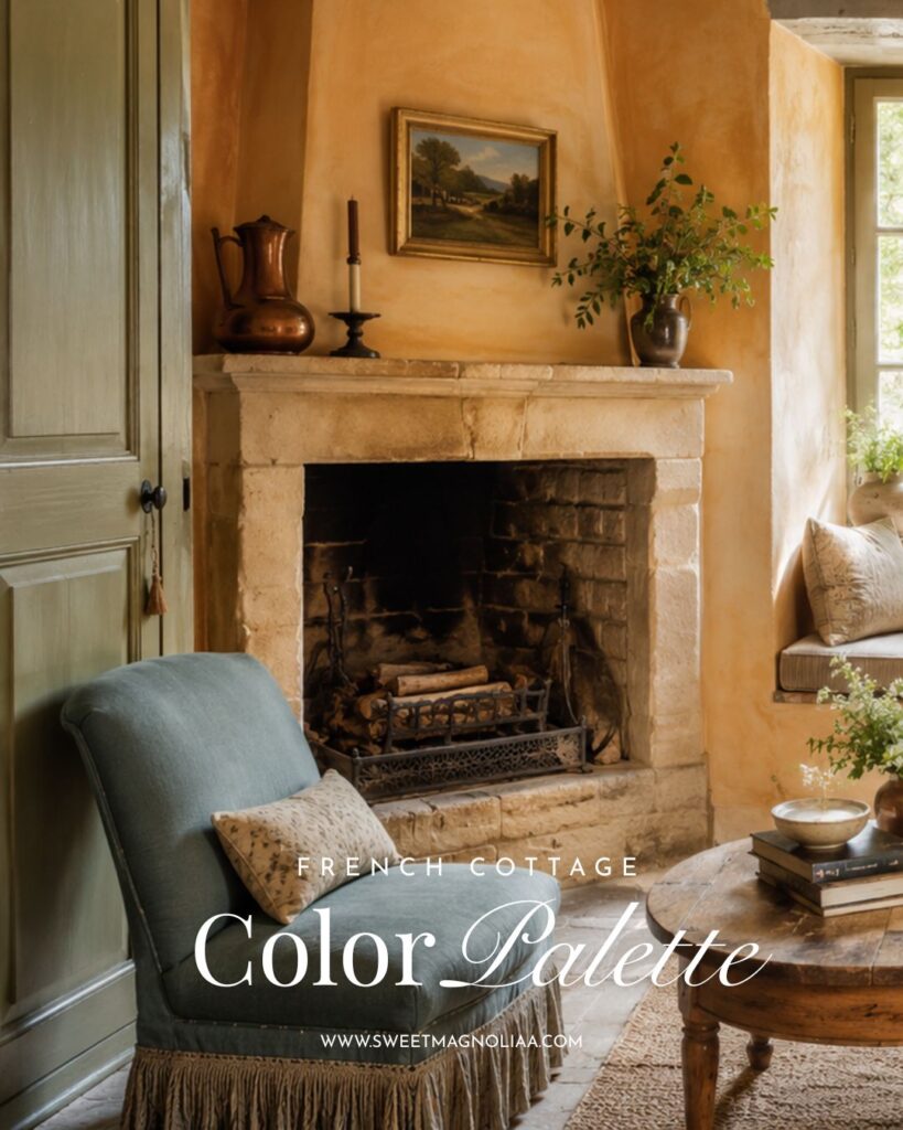 Warm ochre French cottage interior with dusty blue chair, aged stone fireplace, weathered wood, antique copper, greenery and soft cream accents.