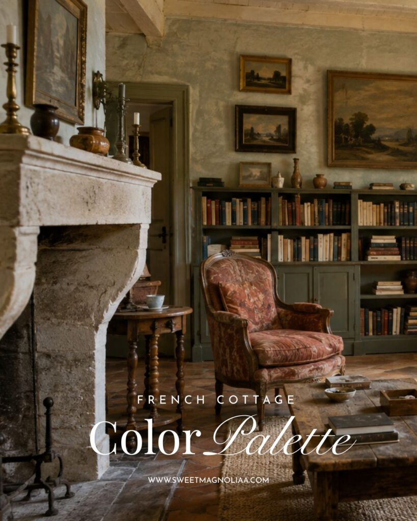 French cottage living room with muted olive cabinetry, faded rose armchair, rustic stone fireplace, antique landscape art, warm wood and aged brass accents.
