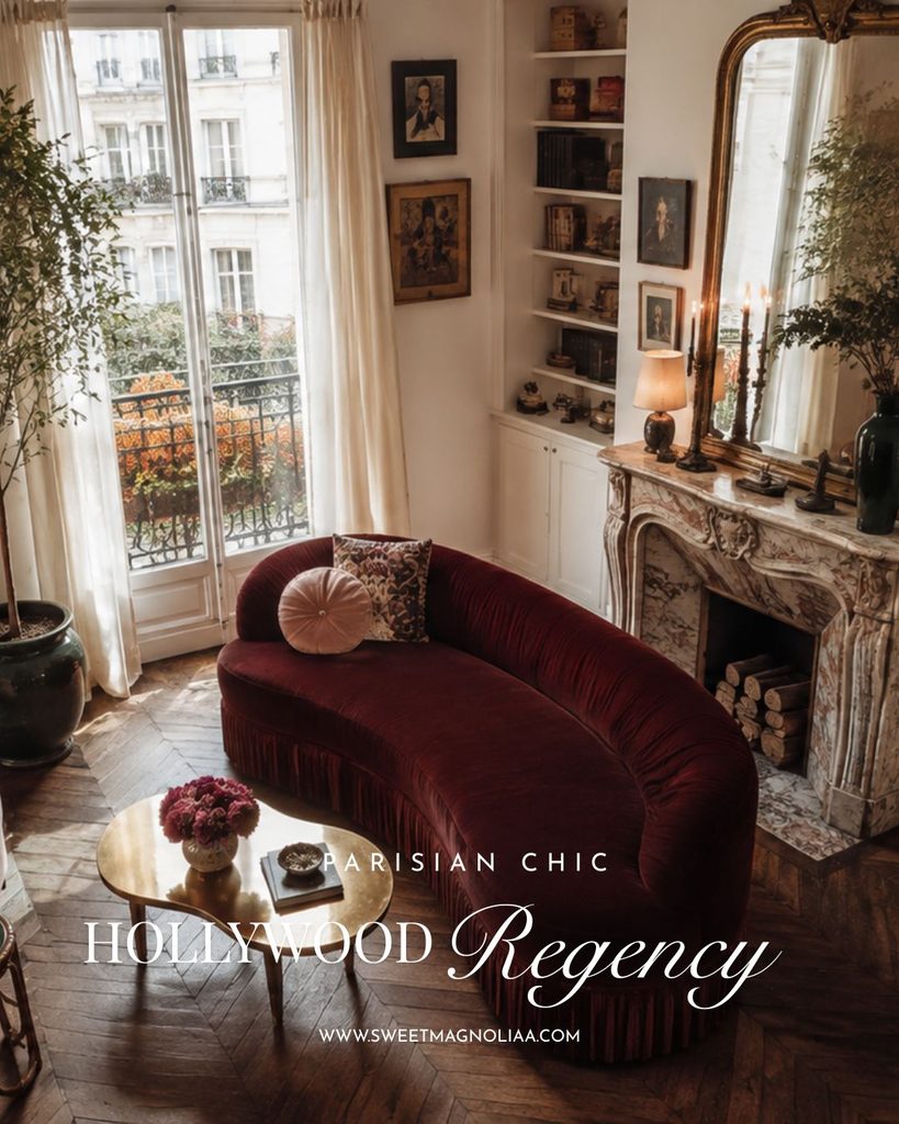 Parisian Hollywood Regency living room with a curved burgundy velvet sofa, marble fireplace, gilded mirror, brass coffee table and tall French windows.