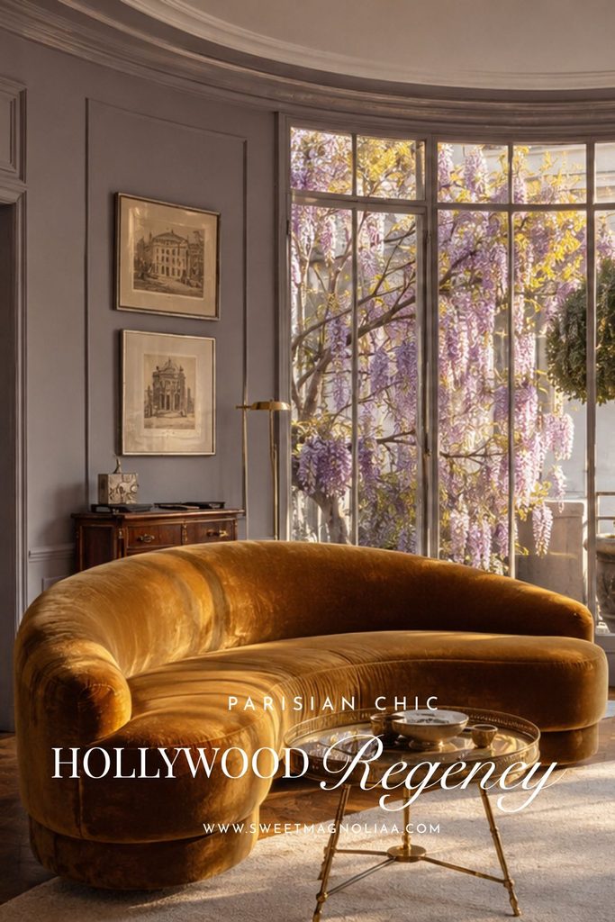 Ochre velvet curved sofa in an elegant Parisian interior with classical wall moldings, cream seating, sculptural furniture and brass accents.