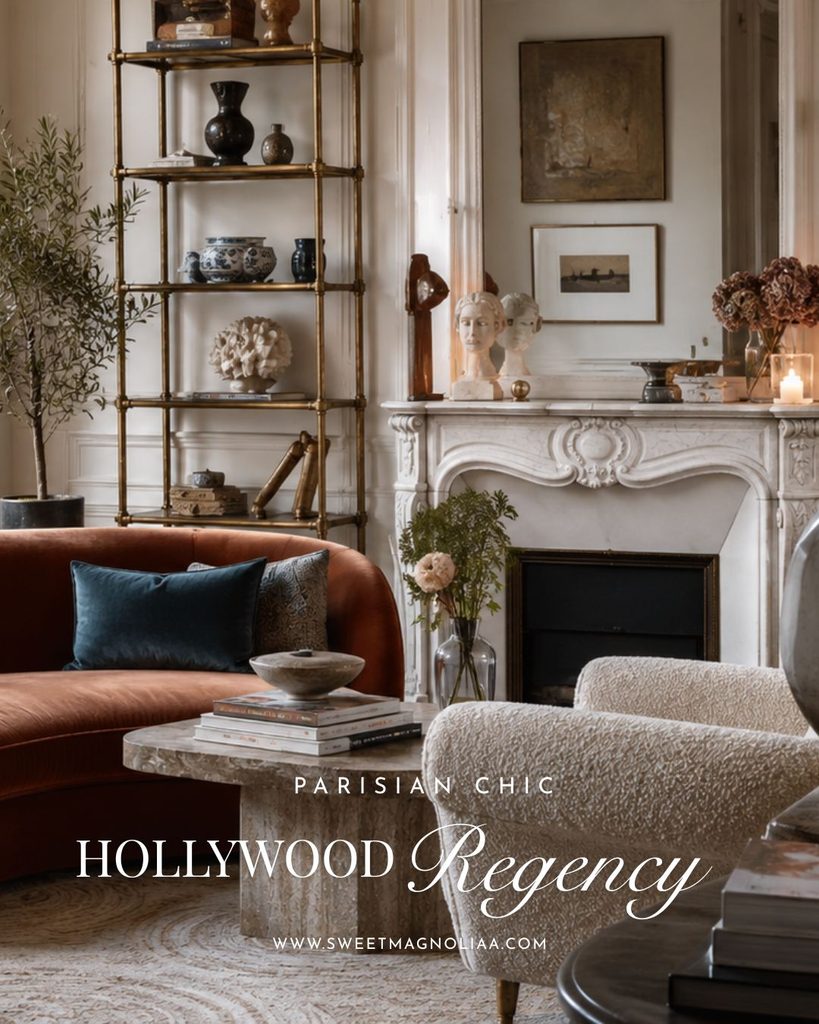 Parisian living room with a curved rust velvet sofa, bouclé chair, carved marble fireplace, brass shelving and sculptural stone coffee table.