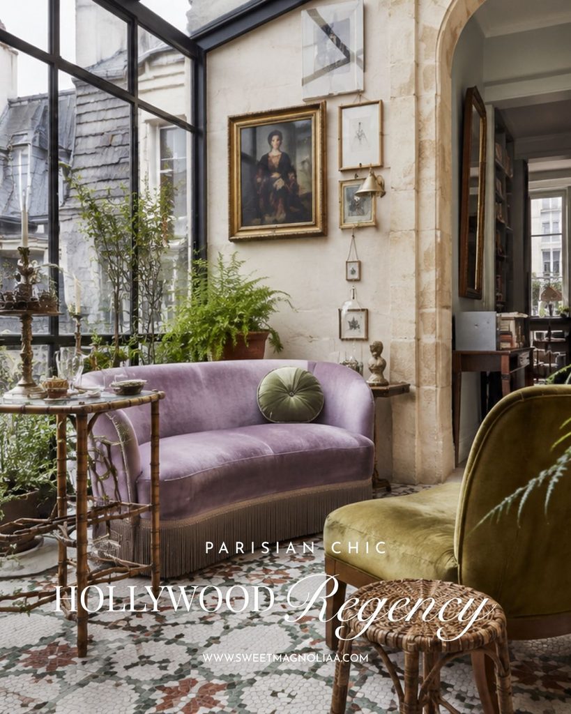 Parisian chic interior with a lilac velvet sofa, olive green chair, antique portrait art, glass ceiling, plants and vintage furnishings.