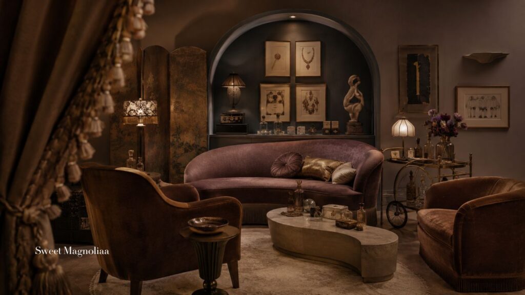 Parisian Hollywood Regency living room with a curved mauve velvet sofa, brown velvet armchairs, sculptural stone table, vintage lighting and collected art.