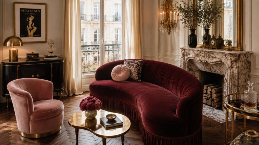 Burgundy velvet curved sofa in a Parisian living room with a marble fireplace, antique gilt mirror, tall French windows and herringbone wood floors.
