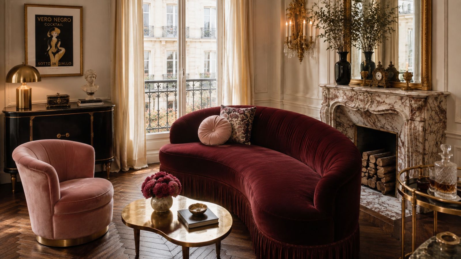 Burgundy velvet curved sofa in a Parisian living room with a marble fireplace, antique gilt mirror, tall French windows and herringbone wood floors.