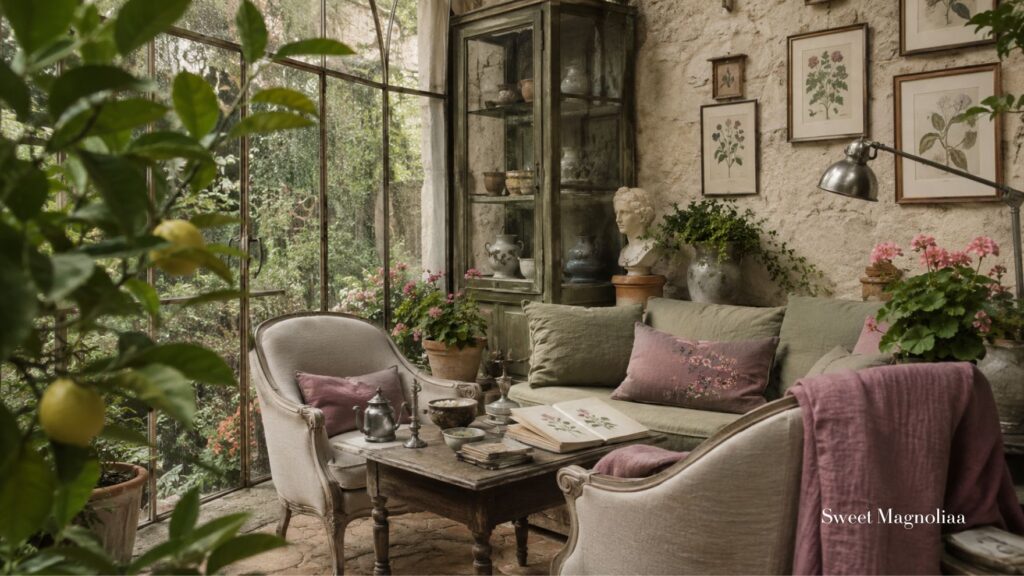 Romantic French cottage sunroom with sage green seating, blush accents, antique furniture, botanical art, potted flowers and lush garden views.