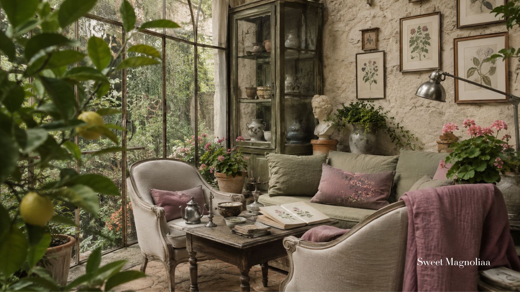 Romantic French cottage sunroom with sage green seating, blush accents, antique furniture, botanical art, potted flowers and lush garden views.