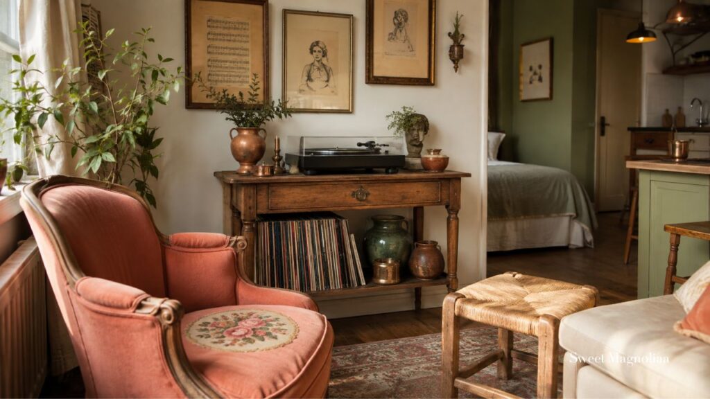 French cottage interior with sage green accents, a warm apricot vintage chair, natural wood, antique artwork, pottery, and layered botanical decor.
